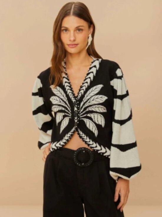 FARM Rio Sweaters - FARM Rio Black Palms Graphic Cardigan (Size: M)